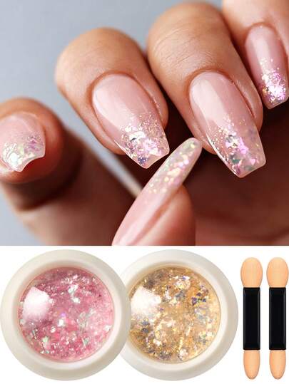 2盒炫彩极光蛋白石美甲亮片，带刷子，粉色黄色美人鱼闪粉亮片，大块全息闪粉，适用于美甲、婚礼装饰、美甲配件