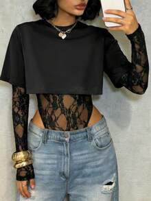 女士性感蕾丝拼接T恤，二合一上衣，性感连体衣，纯色，适合日常穿着、约会、单身派对、舞台和演唱会，春夏黑色优雅款 - 黑色 - 查看 2