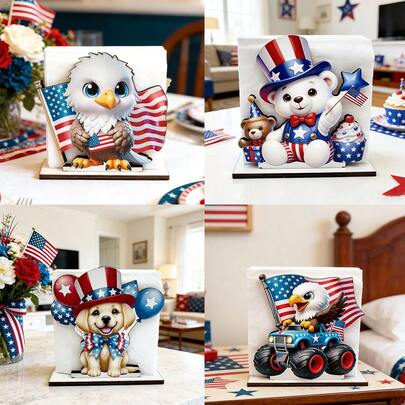 1/4 יחידות מעמד מפיות ליום העצמאות. נשר קירח חמוד, כלב, דוב קוטב עם עיצוב דגל. מתקן למטבח, חדר אוכל, קישוט שולחן למסיבה. קישוט מרכזי לשולחן פטריוטי לחגיגות יום הזיכרון, בית יומיומי.