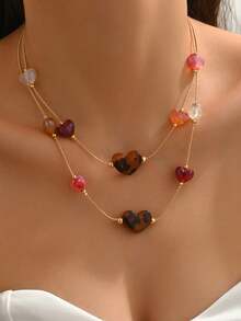 1 pieza Collar elegante y de moda con doble capa de cuentas con forma de corazón, estilo bohemio - Multicolor - Ver 1