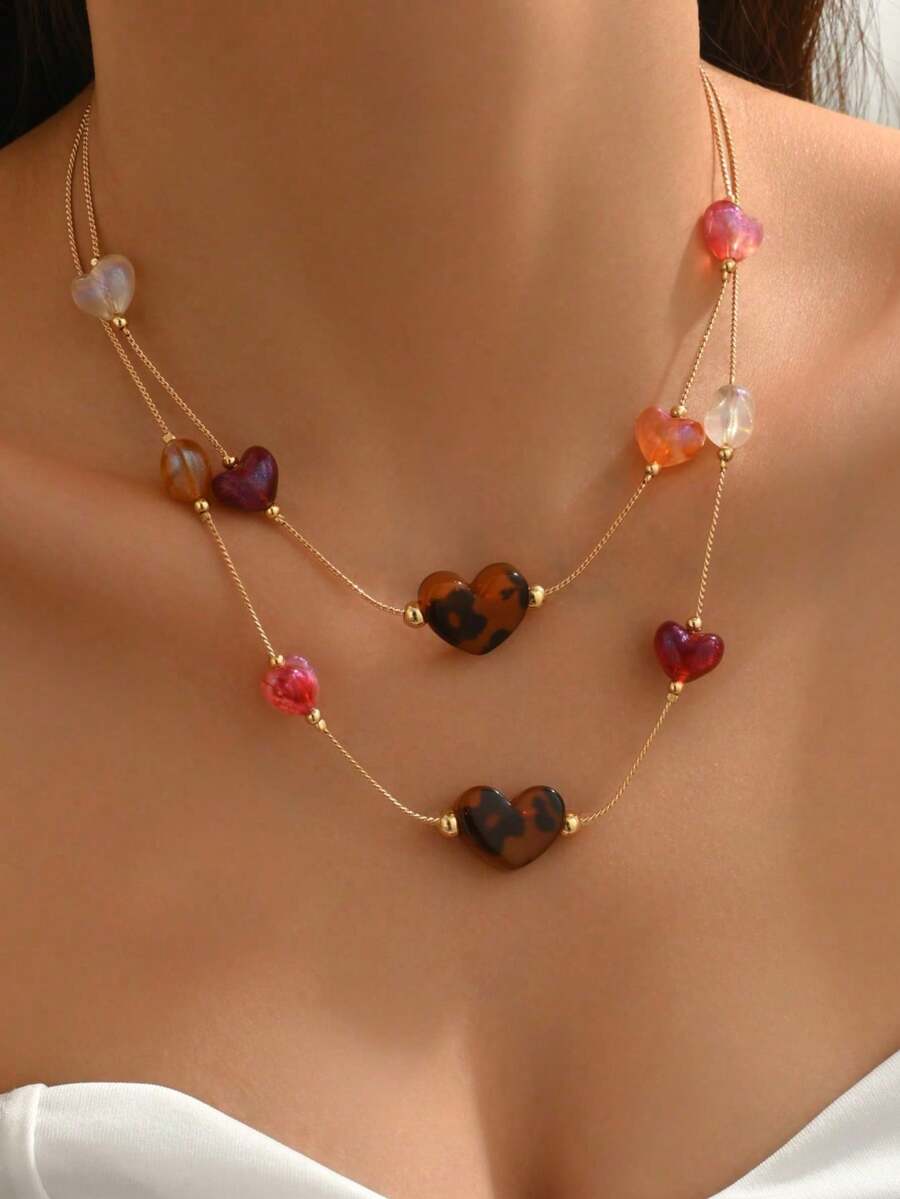 1 pieza Collar elegante y de moda con doble capa de cuentas con forma de corazón, estilo bohemio - Multicolor - Ver 1