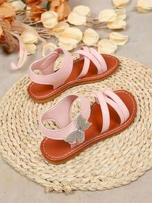 2026 Neue rosa Mädchen Strandsandalen, einfarbig rutschfeste Gummisohle, weißer Glitzer Schmetterling Dekor, Klettverschluss Design runde Zehenpartie, weiches PU modisches, süßes Kindersandale mit offener Zehenpartie, geeignet für Mädchen Alltag, Schule, Aufführungen, Spazierengehen, Reisen, Partys, Frühling/Sommer - Pink - Übersicht 5