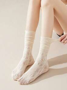 3 Pairs Of Lovely Lace Socks Women Mid-Calf Socks, Hollow Out Flower Edge Short Socks, Solid Color Pile Socks, Straight Loose Socks, Fall - Nhiều màu - Xem 6