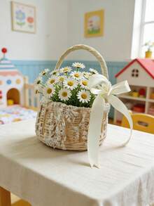 OBOVAY 1 chiếc giỏ hoa bằng tre đan thủ công có tay cầm và nơ, kiểu dáng cổ tích, thích hợp cho phòng trẻ sơ sinh, phòng ngủ, trang trí phòng em bé, phụ kiện cho bé gái, hộp đựng đồ, giỏ hoa cho bé gái. - Nhiều màu - Xem 7