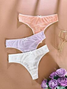 3 piezas Bragas tipo tanga de mujer con rayas y lazo, lencería suave y cómoda - Multicolor - Ver 2