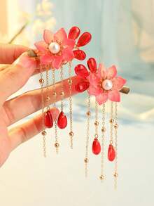 2 piezas Clips para el cabello con borlas y flores de granado al estilo chino, lindos y dulces, regalo para mujeres, adecuados para uso casual diario - Rojo - Ver 2