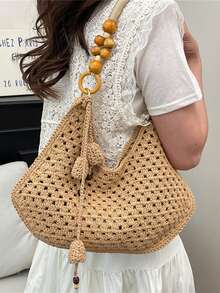 优雅度假风镂空钩编单肩包，串珠木柄手提包，大容量复古沙滩度假包 - 卡其色 - 查看 4