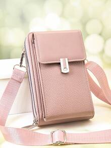 New Arrival Multi-Function Large Capacity Double-Layer Zipper Phone Wallet Crossbody Bag, Fashionable Minimalist Soft Pattern, Casual Vacation Date - Pink - View 2
