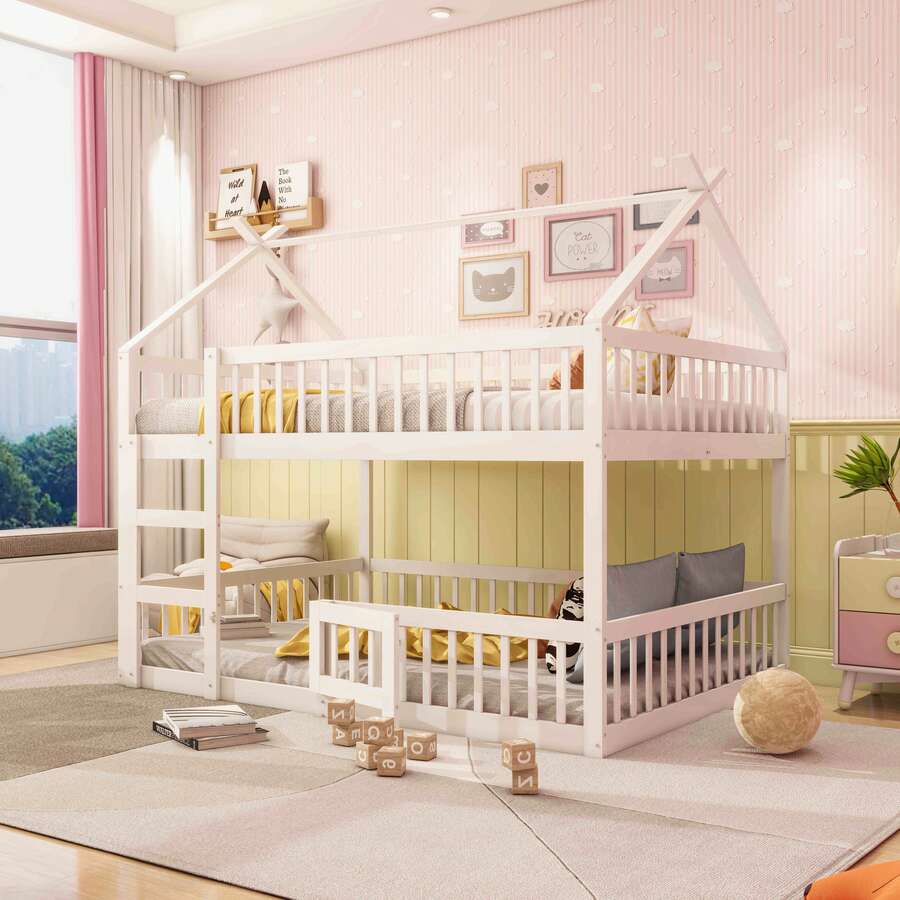 Bunk Bed 140 * 200 With Staircase, Loft Design, Solid Wood Bunk Bed Frame, Grey, White. - White - View 1