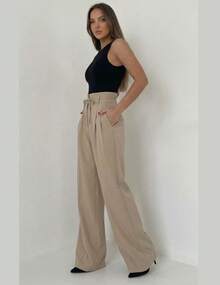 Women's High-Waisted Wide-Leg Trousers, Elegant And Comfortable, Tailored, With Belt And Tie Closure, Suitable For Office Wear In All Seasons. - 米色 - 查看 2