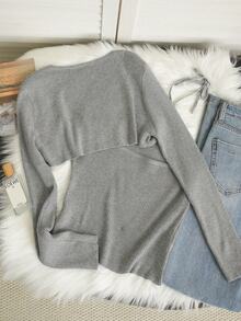 Bộ đồ nữ mùa Thu/Đông ngọt ngào và tối giản gồm áo len ống màu mơ và áo khoác ngắn cổ yếm, thích hợp cho các buổi đi chơi, hẹn hò, tiệc trà chiều. - Xám - Xem 3