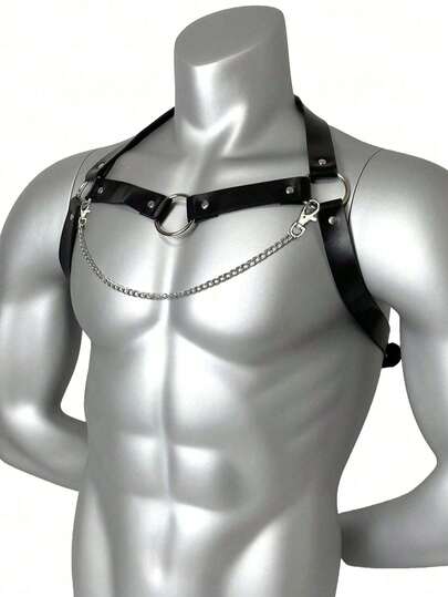 1pc Men's PU Leather Chest Harness, Body Bondage Chest Chain, Punk Goth Style Accessory, Suitable For Halloween Costume, Wedding Party, Gift. Halloween Accessory, Autumn/Winter Accessory, Suitable For Teenagers, Young Men, Casual, Outdoor, Sports, Vacation, Graduation Gift, Birthday, Daily Wear