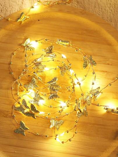 1pc 2M 20LED Copper Wire Butterfly String Lights - Golden Leaf Battery Operated Fairy Lights For Christmas Wedding Party, Boho Bedroom Decor With Warm White Glow (Bohemian Indoor Ambient Lighting)