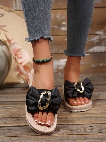 Women's Flat Sandals, Bow Design Slip-On Beach Slippers, Vacation Style Sandals, Easy Slip-On, Comfortable Slides, Fashion Sandals, Breathable Comfortable Flip Flops, Metal Buckle Design Sandals