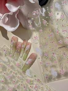 Bow Nail Art Stickers, 1pc Pink Pearlescent 5D Embossed Self-Adhesive DIY Nail Stickers And Decals - Nail Supplies And Nail Charms For Girls And Women-Spring Summer Nails For Nail Art Home Salon - Multicolor - View 2
