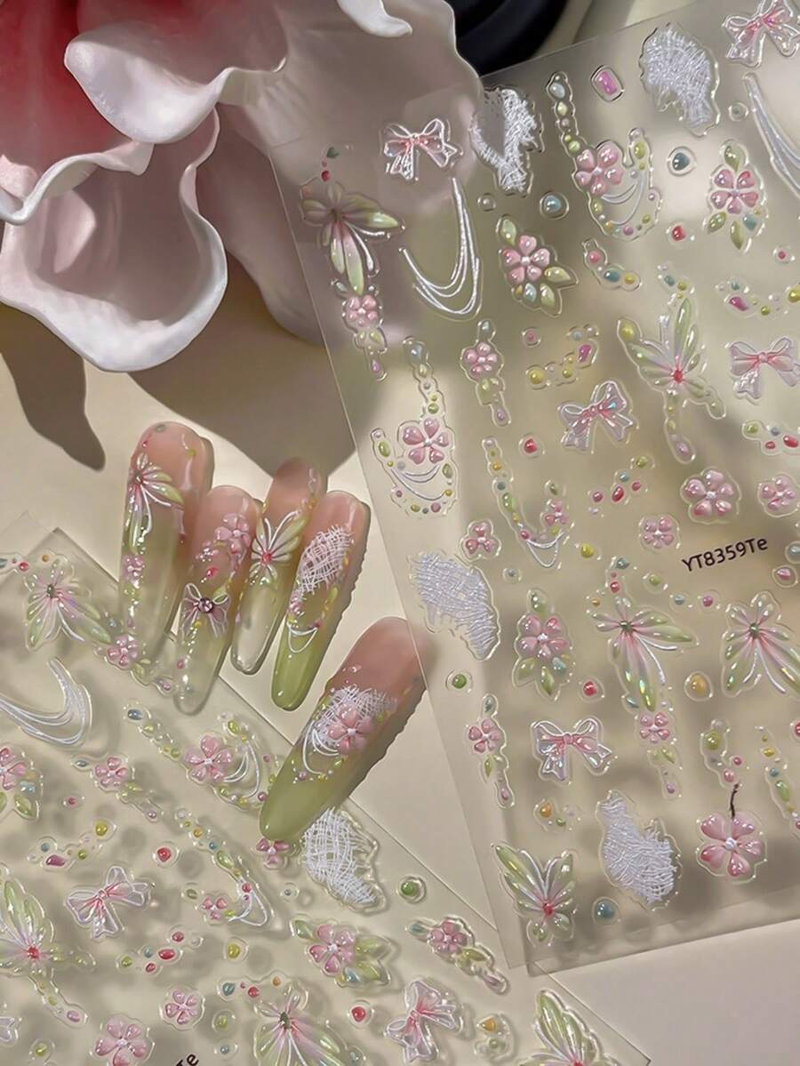 Bow Nail Art Stickers, 1pc Pink Pearlescent 5D Embossed Self-Adhesive DIY Nail Stickers And Decals - Nail Supplies And Nail Charms For Girls And Women-Spring Summer Nails For Nail Art Home Salon