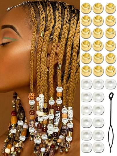 50 Faux Pearl White Gold Hair Beads, Shiny Loc Beads, Hair Decoration Jewelry Accessories For Women And Girls