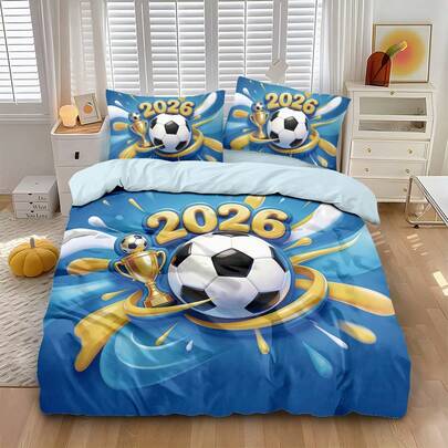 三件套（1个被套+2个枕套，不含枕芯），2026创意足球世界杯元素数码印花床上用品套装，柔软亲肤，四季皆宜。提供多种尺寸，包括加大码，满足不同需求，适合所有人及房间。拉链封口，可机洗，是卧室的绝佳装饰，也是馈赠佳品。