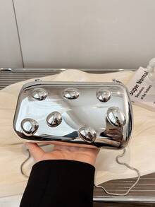 Avant-Garde Shiny Evening Clutch Bag, Metallic Finish Women's Party Box Bag With Metal Chain Strap, Suitable For Parties And Nighttime Events - Silver - View 9