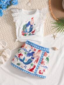 Conjunto de camiseta con estampado de sirena con volantes y parches y falda corta con estampado de océano, estilo casual de vacaciones para niñas pequeñas - Blanco - Ver 1