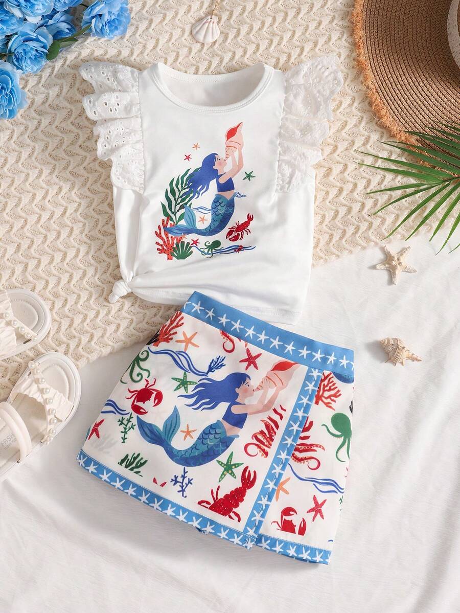 Conjunto de camiseta con estampado de sirena con volantes y parches y falda corta con estampado de océano, estilo casual de vacaciones para niñas pequeñas - Blanco - Ver 1