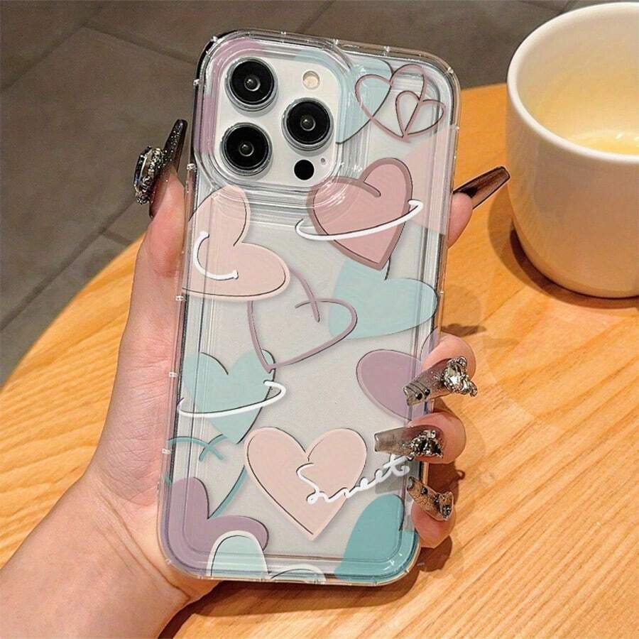 Airbag Transparent Heart-Shaped TPU Anti-Fall Full Coverage Protective Case, Suitable As Birthday And Christmas Gifts For Couples, Girlfriends, Daughters, Boyfriends, And Teenage Girls - Clear - View 1