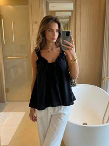2026 Summer Sweet Frill Trim Camisole, Loose Women Sleeveless Top, Flattering & Elegant Casual Black - Black - View 3