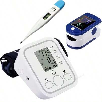 Monitor digital de presión arterial, oxímetro de pulso y termómetro con monitorización del pulso y las constantes vitales | Dos modos de funcionamiento, pantalla LED grande, anuncios de voz en español