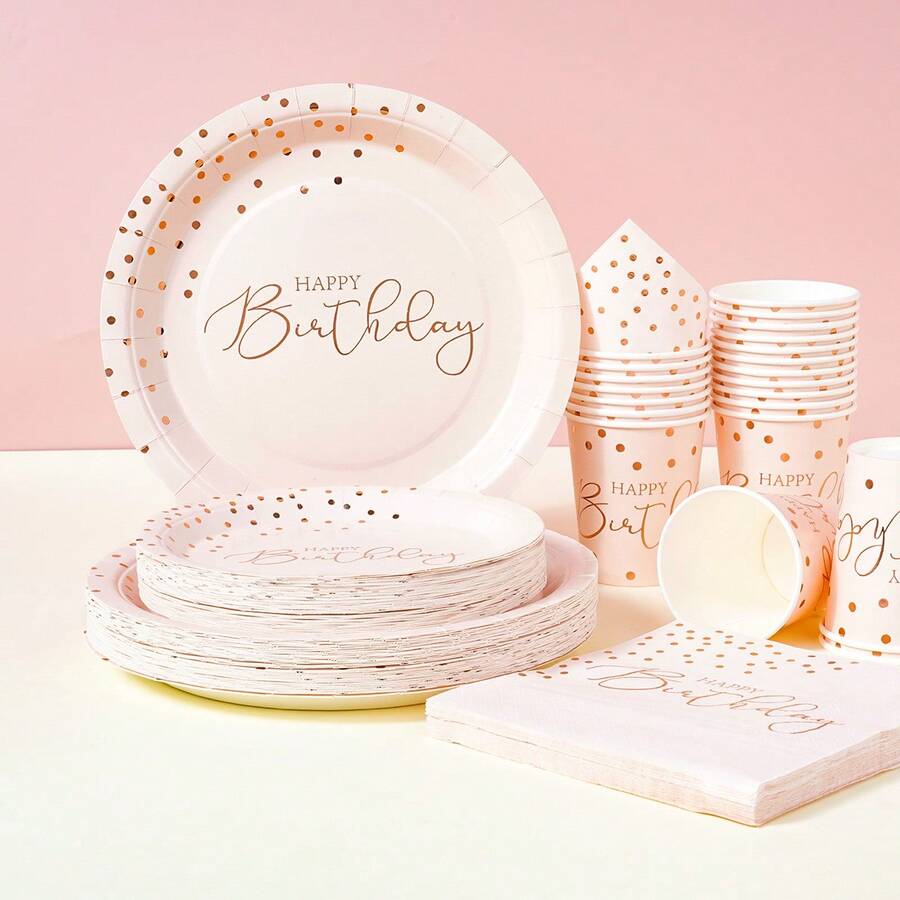 Rose Gold Polka Dot Pattern Disposable Tableware Set, 7/9 Inch Party Plates, Disposable Paper Plates, Napkins, Cups, Suitable For Holidays, Weddings, Engagements, Birthdays, Parties, Celebrations - Multicolor - View 1