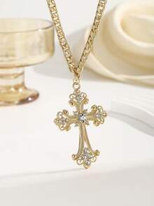 1pc European And American Punk Retro Cross Glass Pendant Necklace, Creative High-End Choker Necklace Suitable For Women's Daily Wear - Multicolor - View 2