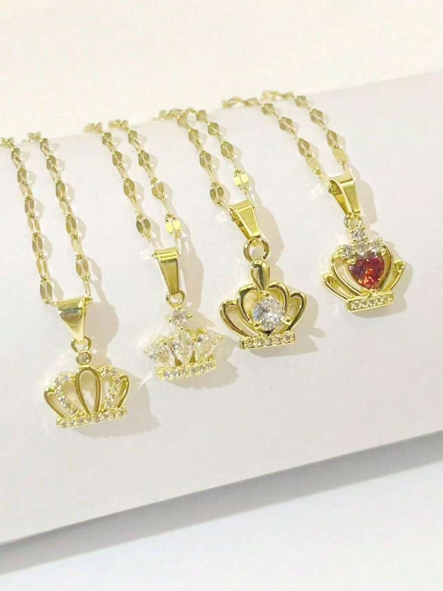 1pc Stainless Steel Cubic Zirconia Crown Necklace, Gift For Women, Party, Date, Wedding - Yellow Gold - View 1