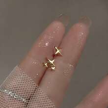 Asymmetric Star Stud Earrings For Women, Minimalist Four-Pointed Star & Double Star Design, Hypoallergenic Daily Wear Jewelry - Gold - View 7