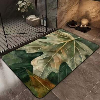 1pc Green Leaf Pattern Diatomite Bath Mat - Suitable For Bathroom, Kitchen, Bedroom, Porch, Laundry Room, Toilet, Bathroom Accessories, Spring/Summer Theme