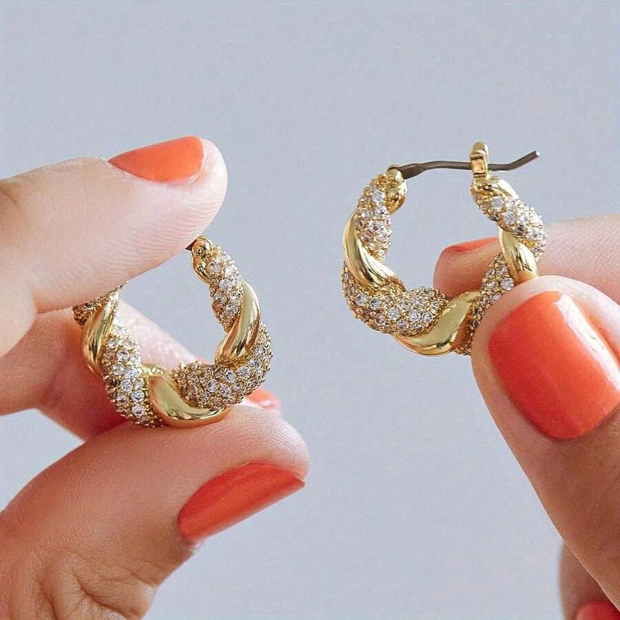 Luxury Copper Twisted Cross Cubic Zirconia Hoop Earrings, High-End ...
