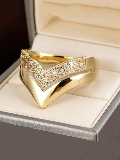 1 pieza Anillo ancho con doble forma de V, que simboliza la victoria, anillo unisex vintage exquisito con corte de princesa de circonita cúbica, accesorio de moda, regalo para novio/novia, perfecto para el Día de San Valentín