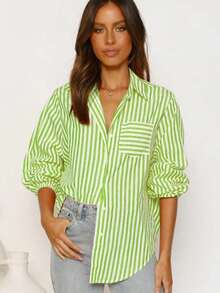 Camicia elegante e casual da donna, a righe verdi, manica lunga, adatta per la primavera/estate e le vacanze - Verde - Visualizzare 1