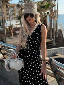 Women's Sleeveless Polka Dot Dress, V-Neck Lace Trim Woven Fabric, Non-Stretch Flowy Long Dress, Summer Dress, Summer Polka Dot Dress, Vacation Dress - Black and White - View 6