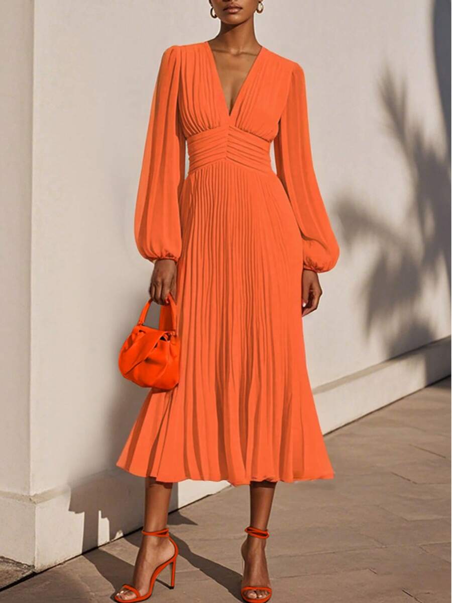 Women's Elegant Comfortable Long Sleeve V-Neck Solid Color Chiffon Pleated Ruffle Dress - Coral Orange - View 1