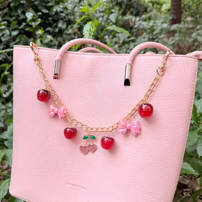 Decoración colgante de cereza hecha a mano que incluye un lazo y un colgante de cereza, adecuado para decorar cualquier bolso, artículos lindos y femeninos