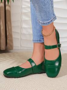 Women's Flat Slip-On Casual Loafers, Breathable Strap Buckle Ballet Shoes - Green - View 4
