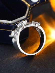 Nhẫn cổ điển hai lớp đan chéo bốn chấu tròn đính đá Cubic Zirconia tổng hợp, quà tặng trang sức cưới cho phụ nữ. - trắng - Xem 6