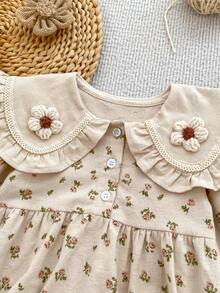 Spring New Arrival Sweet Ditsy Floral Baby Girl Long Sleeve Bodysuit, Flower Collar - Apricot - View 5