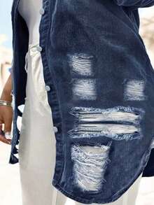 大码女式休闲中长款做旧水洗牛仔外套，秋冬季 - 藍色 - 查看 2