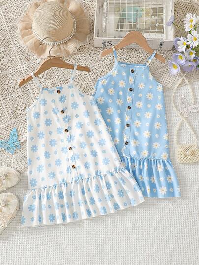 Bộ 2 chiếc váy hè kiểu dáng thường ngày cho bé gái, không tay, họa tiết hoa, trang trí cúc, viền bèo nhún, phong cách tối giản ngọt ngào, thích hợp cho kỳ nghỉ, đi biển, mặc hàng ngày ngoài trời.