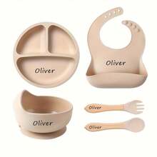 8pcs Baby Silicone Tableware Set, Feeding Utensils, Bib, Plate, Bowl, Straw Cup, Fork & Spoon, Teether, Ice Tray - Multicolor - View 7