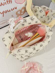 Cute Bow Make Up Bag Cute Bow Knot Pattern Toiletries Bag Travel Make Organizer Zipper Pouch, Quilted Cosmetics Bag, Stylish Foldable Commuter Makeup Bag For Brushes Aesthetic Cosmetic Bag For Gift, Friend, Girls, Student Quilted Floral Flower Zippered Makeup Bag Cute Floral Cosmetic Bag With Zipper Gift Storage Jewelry Organizer Box Bathroom Set Valentines Back To School Supplies - màu đen - Xem 9