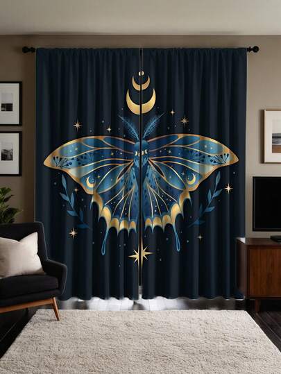 2 piezas Cortinas para dormitorio con diseño de mariposa color azul verdoso, semi-opacas, diseño sin taladro para varilla, con bolsillo para varilla, estilo misterioso y mágico de tarot para la sala de estar, cocina, adecuado para decoración del hogar, decoración de habitaciones, divisiones de la casa, hecho de poliéster, lavable a máquina y a mano