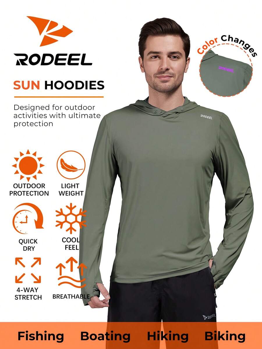 RODEEL 男士户外连帽卫衣,带拇指孔,多种颜色可选,柔软轻便,四向弹力,适合钓鱼、划船、徒步旅行、屋顶作业、园艺、建筑和其他户外活动。 - 綠色 - 查看 1