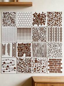 16pcs Hollow Painting Template Geometric Creative Plastic Wall Painting DIY Drawing Stencil Shielding Board Tool Material, Plastic Material Reusable And Washable For Wood Board, Fabric, Wall Printing Stencil Template - Geometric Texture - View 2