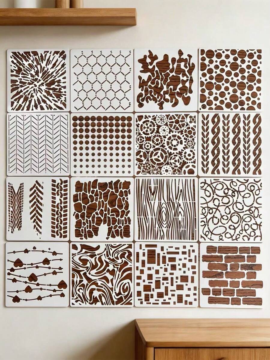16pcs Hollow Painting Template Geometric Creative Plastic Wall Painting DIY Drawing Stencil Shielding Board Tool Material, Plastic Material Reusable And Washable For Wood Board, Fabric, Wall Printing Stencil Template